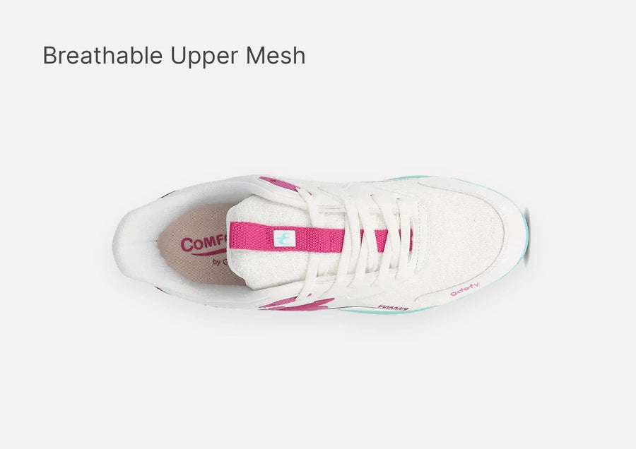 White athletic shoe with breathable upper mesh, pink accents, light blue trim, and white laces, top-down view.