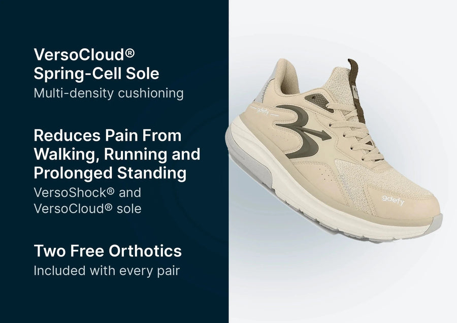 Beige athletic shoe with a thick multi-density VersoCloud® Spring-Cell Sole, designed for pain relief.