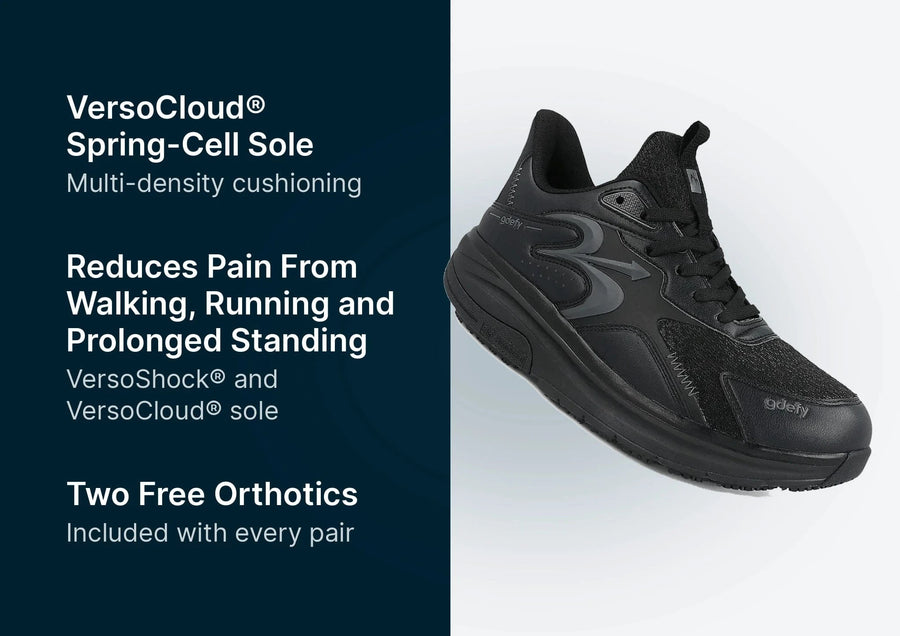 Black GDEFY athletic shoe with a thick VersoCloud spring-cell sole, offering multi-density cushioning for comfort.