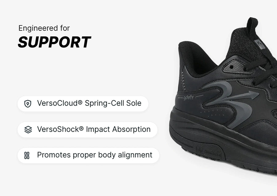 Black GDefy shoe, engineered for support, featuring VersoCloud Spring-Cell Sole and VersoShock Impact Absorption for proper b