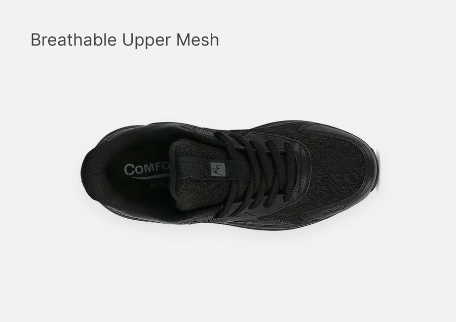 Black athletic sneaker with a breathable mesh upper and laces, shown from a top-down perspective.