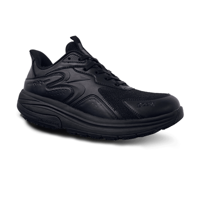 Black athletic shoe with a chunky sole and lace-up design, featuring a mix of synthetic leather and mesh materials.