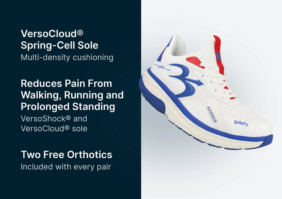 White gdefy sneaker with blue accents and a red heel tab, showcasing the shoe's side profile.