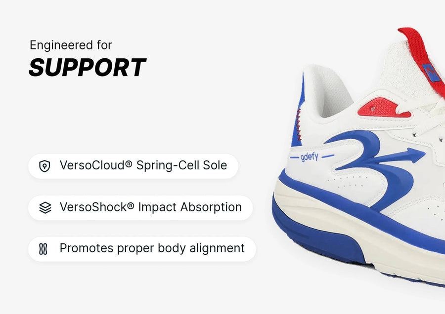 White, blue, and red athletic shoe, engineered for support with VersoCloud Spring-Cell Sole and VersoShock Impact Absorption.