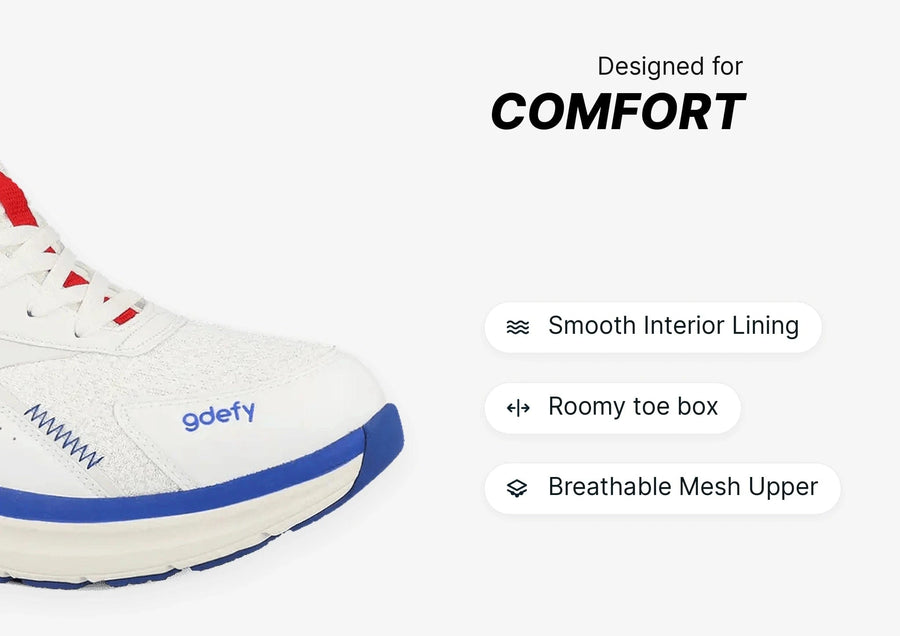 White and blue sneaker with a breathable mesh upper, red laces, and a roomy toe box, designed for comfort.