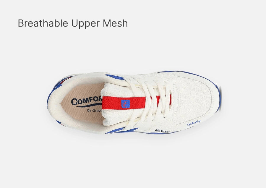 White sneaker with breathable mesh upper, red strap, and blue accents, viewed from the top.