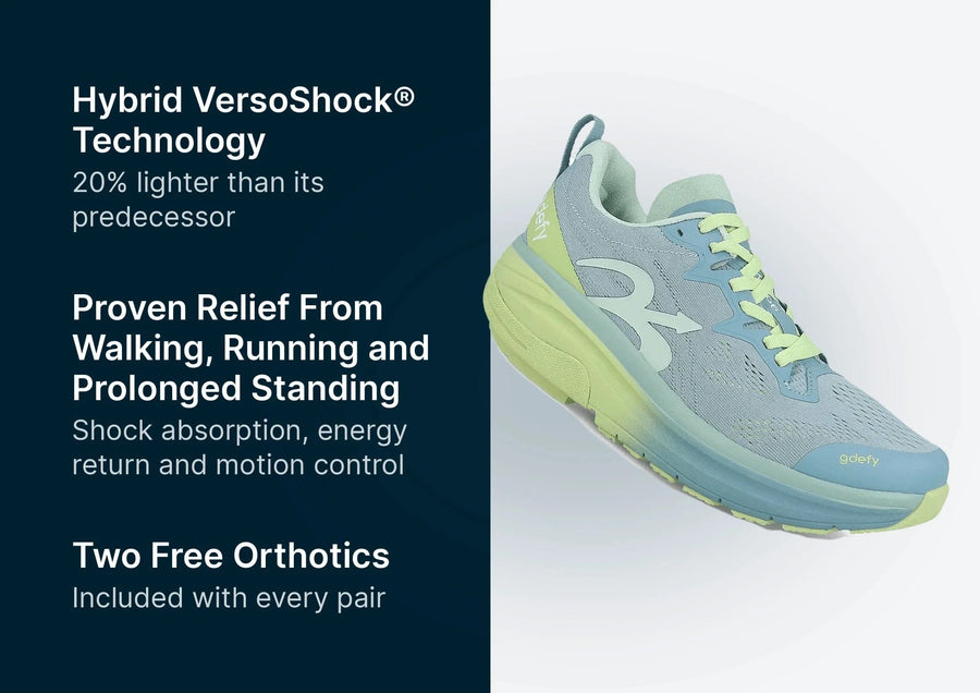 GDEFY running shoe in light blue and grey, featuring neon yellow laces and sole accents, shown at an angle.