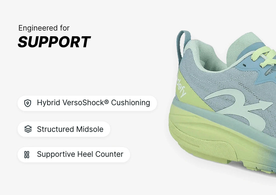 Light blue and neon yellow running shoe, showcasing its structured midsole and supportive heel for enhanced support.
