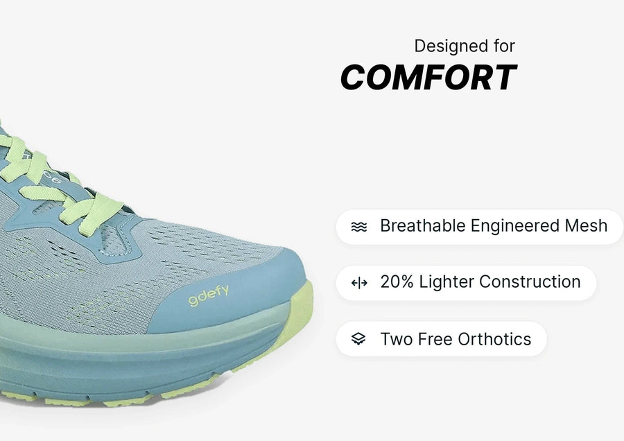 Light blue and lime green athletic shoe with a breathable mesh upper, lime green laces, and thick sole, designed for comfort.