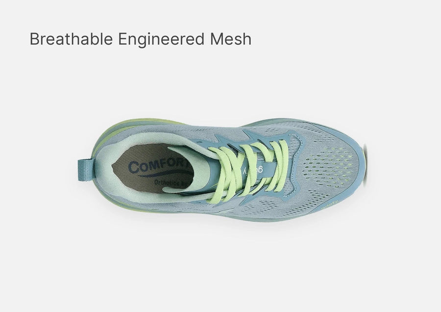Light blue running shoe with breathable engineered mesh upper and light green laces, viewed from directly above.