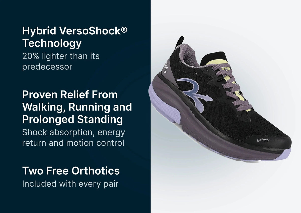 Black and purple athletic shoe with yellow laces and a GDefy logo, displayed at an angle.