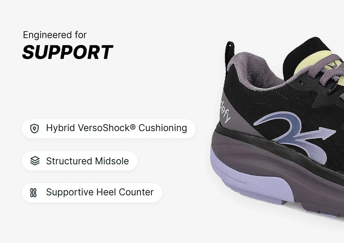 Black and purple athletic shoe with grey laces, featuring a structured midsole and supportive heel counter for enhanced suppo