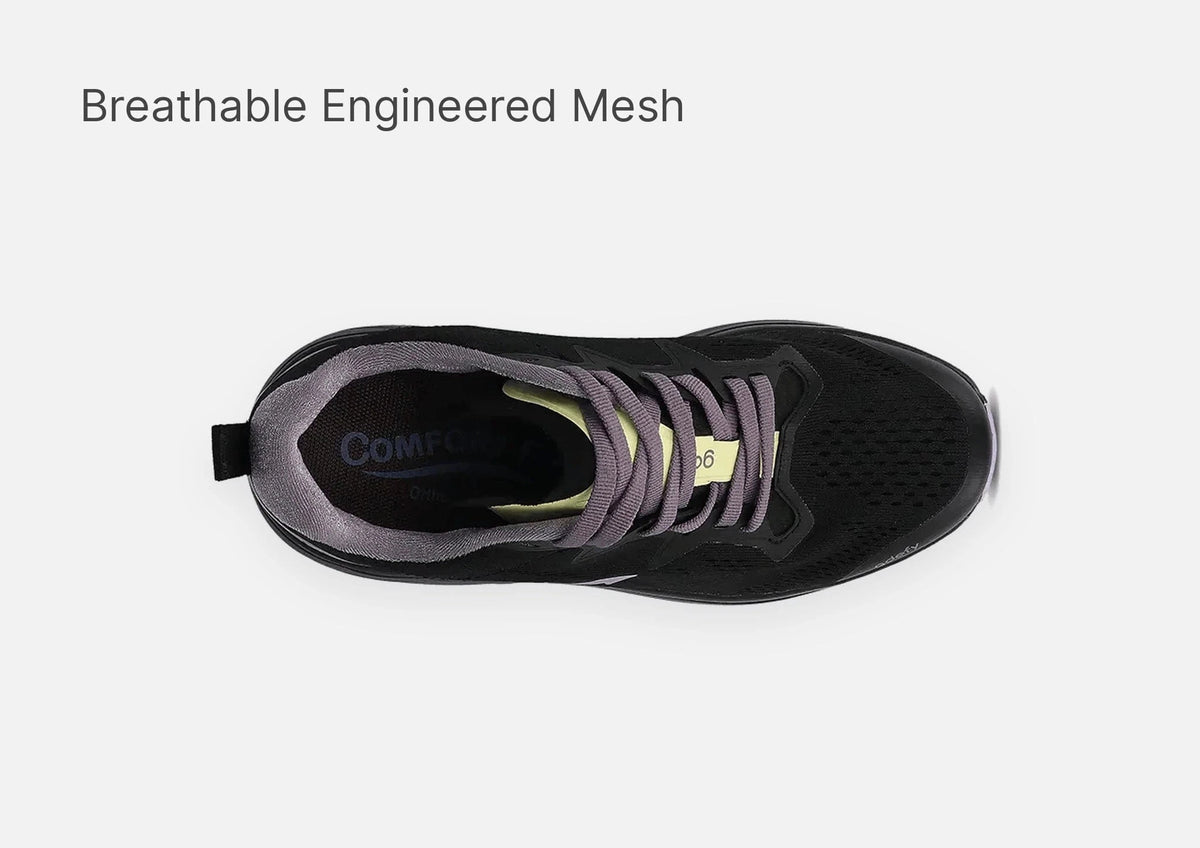 Black athletic shoe with grey laces and collar, featuring breathable engineered mesh, shown from a top-down view.