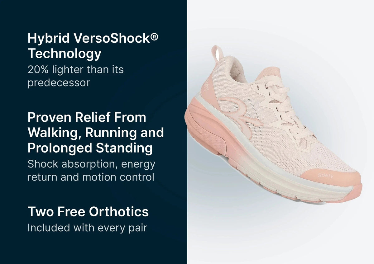 Light pink athletic shoe with a thick, layered sole, featuring "gdefy" branding on the toe.