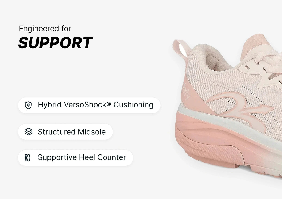 Light pink athletic shoe, close-up of the side, featuring a structured midsole and supportive heel counter for enhanced suppo