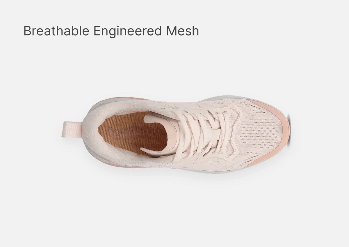Light pink running shoe featuring a breathable engineered mesh upper and laces, viewed from directly above.