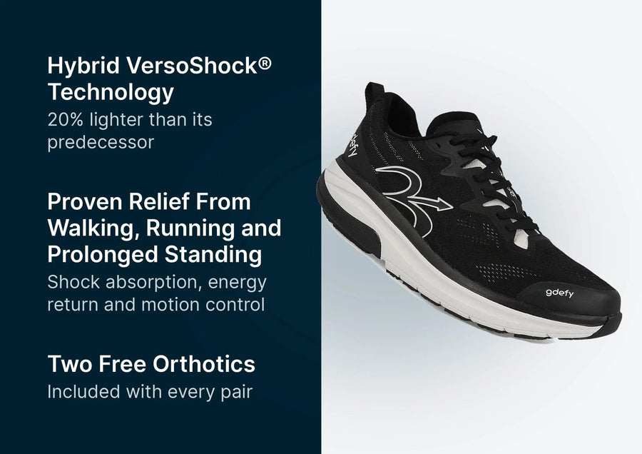 Black gdefy athletic shoe with white VersoShock sole, mesh upper, and supportive design for active use.