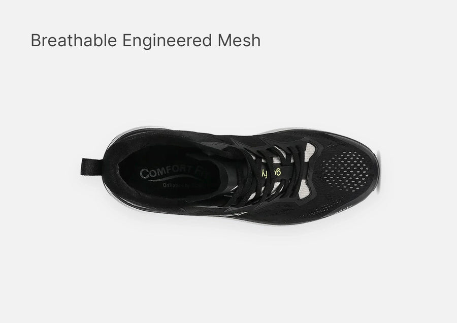 Black athletic shoe with breathable engineered mesh upper, black laces, and 'Comfort Fit' insole, top-down view.