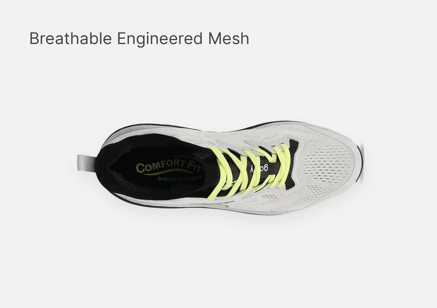 Light grey running shoe with bright yellow laces and black interior, featuring breathable engineered mesh, viewed from top do
