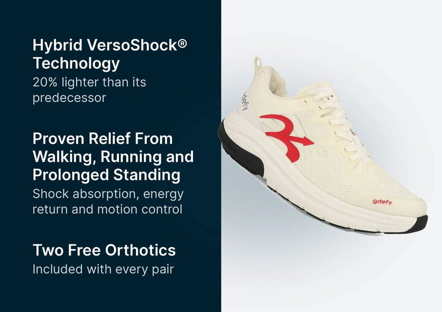 gdefy running shoe in cream with a red logo, mesh upper, and black sole, displayed at an angle.