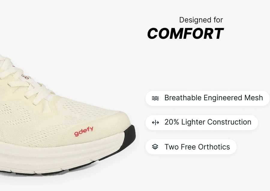 White GDEFY running shoe with breathable engineered mesh, lightweight construction, and two free orthotics.