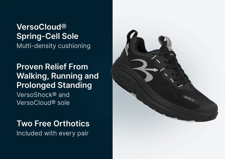 Black athletic shoe with mesh upper, thick VersoCloud® Spring-Cell Sole, and gray accents, shown with benefit text.