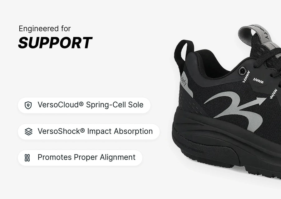 Black athletic shoe, close-up of the side, showcasing its thick sole and engineered support features for proper alignment.