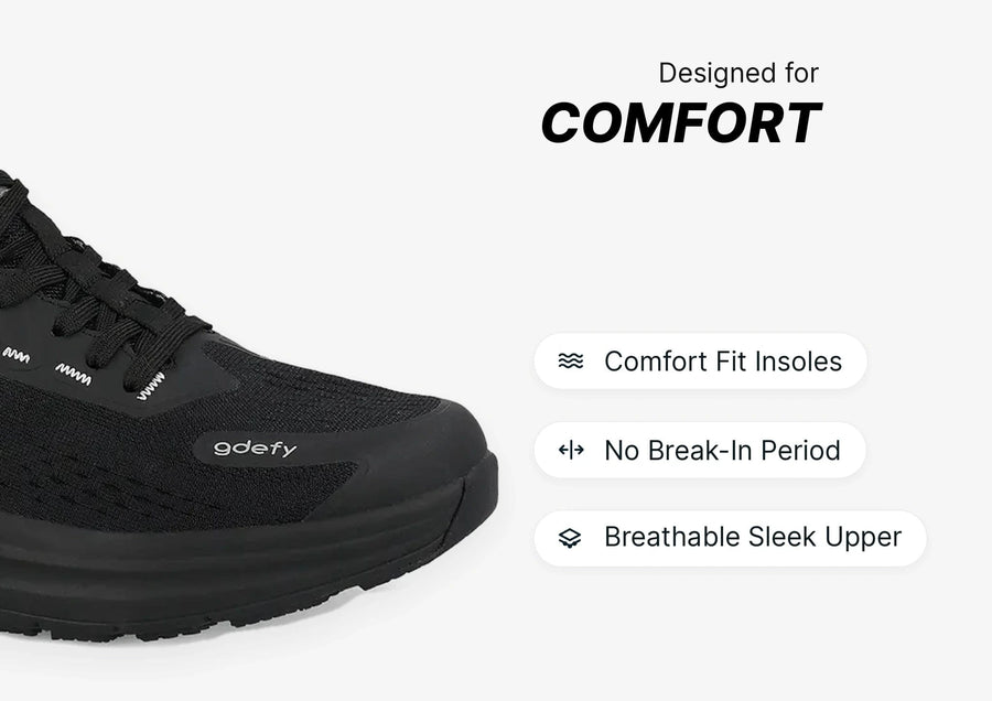 Black gdefy sneaker with text 'Designed for COMFORT', listing features like Comfort Fit Insoles and Breathable Sleek Upper.
