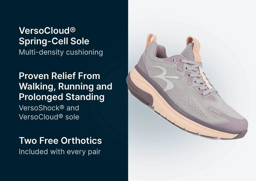 Grey and peach athletic shoe with mesh upper and thick sole, featuring purple accents and GDEFY logo.