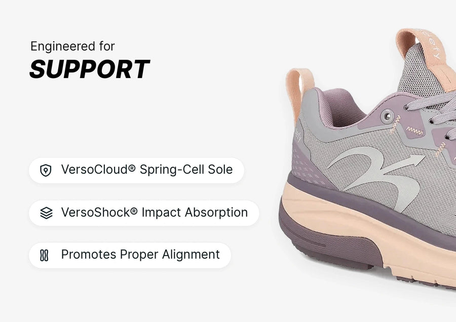 Close-up of a grey and purple athletic shoe with a peach sole, engineered for support with VersoCloud and VersoShock technolo
