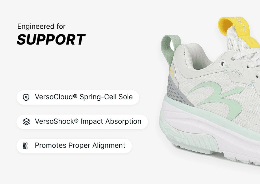 White athletic shoe with light green and yellow accents, highlighting VersoCloud Spring-Cell Sole and VersoShock Impact Absor