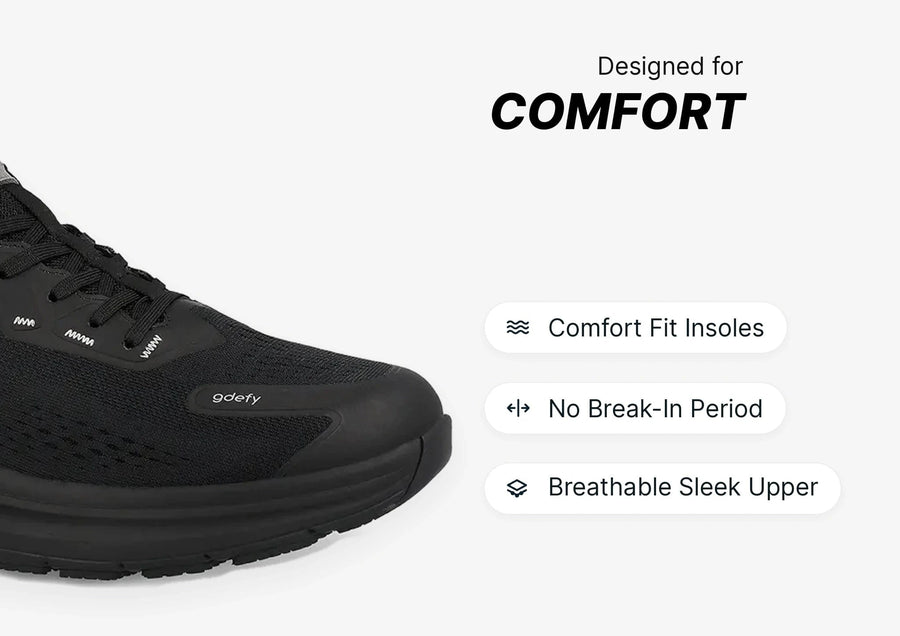 Black GDEFY sneaker with a breathable mesh upper, designed for comfort with special insoles and no break-in period.