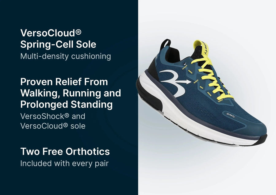 Gdefy running shoe in navy blue with bright yellow laces, black trim, and a prominent white midsole, displayed next to produc
