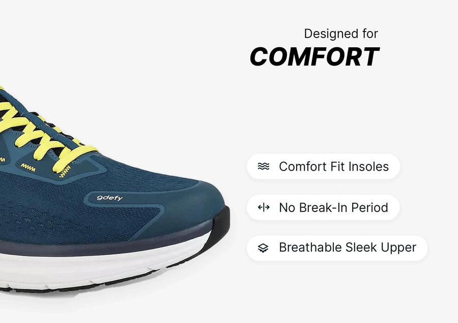 Blue and yellow running shoe with breathable mesh upper, yellow laces, and white sole, emphasizing comfort features.