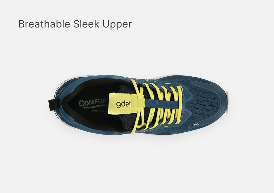 Blue athletic shoe with bright yellow laces and a breathable mesh upper, shown from a top-down view.