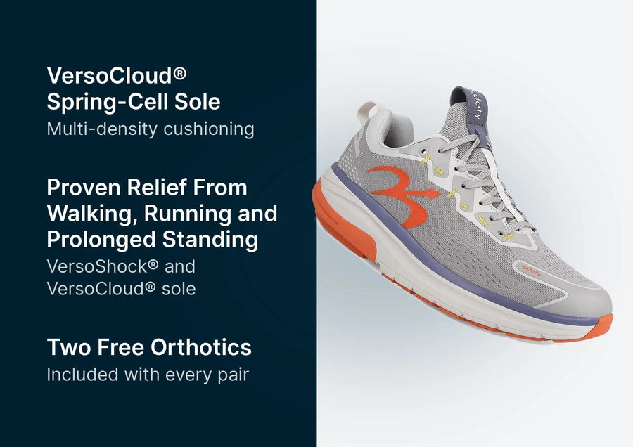 Grey and orange GDEFY athletic shoe with a thick VersoCloud® Spring-Cell Sole and multi-density cushioning.