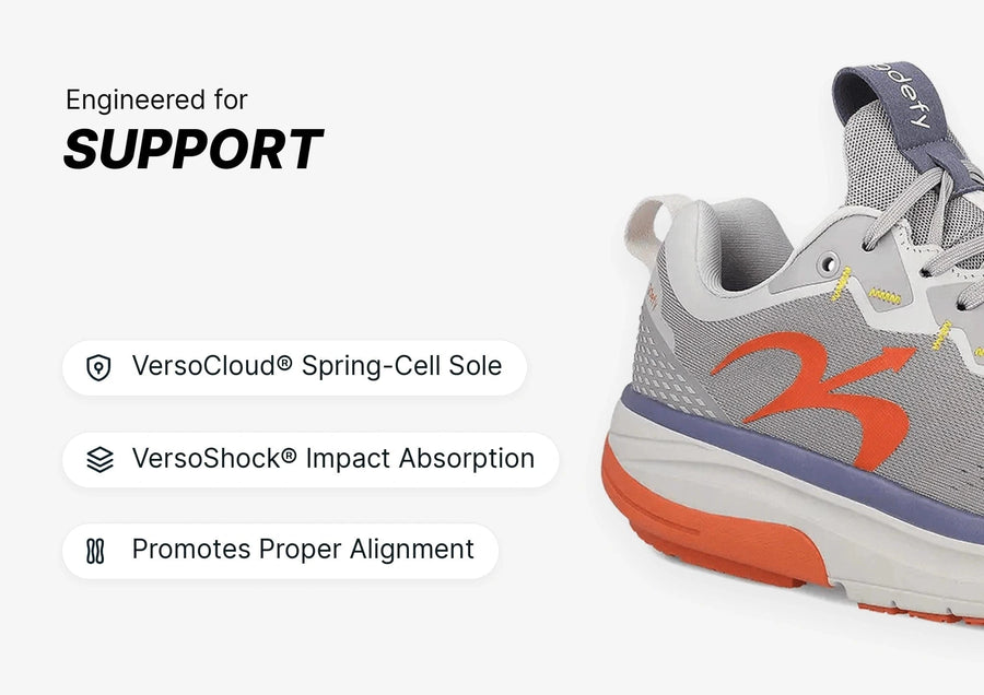 Grey and orange athletic shoe with a thick white and orange sole, designed for support and impact absorption.