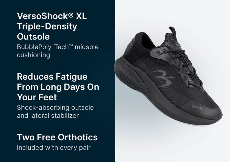Black athletic shoe with thick VersoShock XL Triple-Density Outsole, black mesh upper, and laces, angled view.