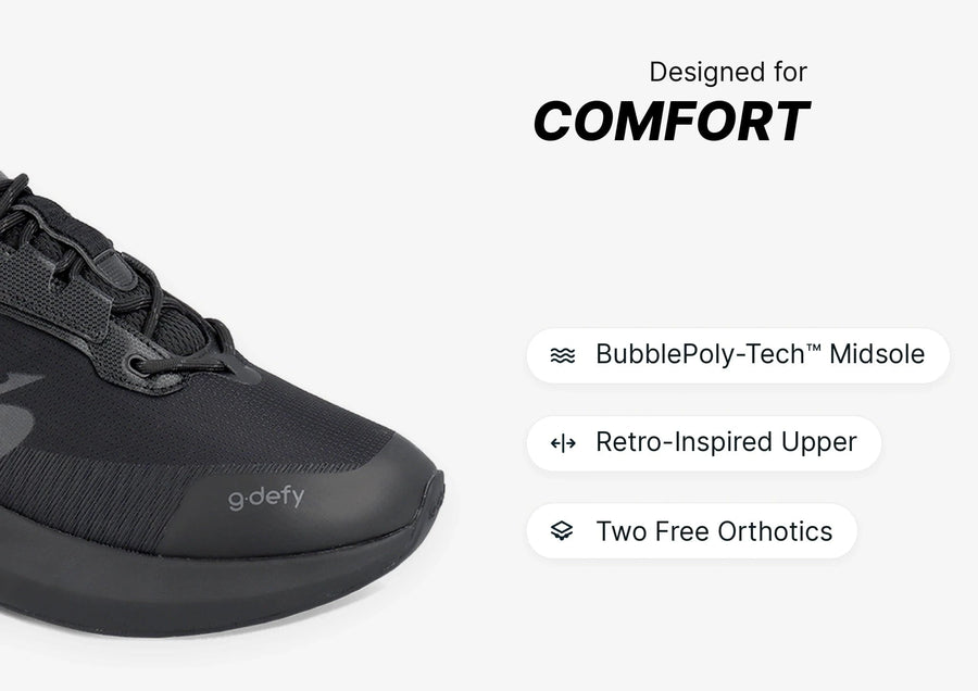 Black g.defy sneaker with a durable toe, retro-inspired upper, and thick BubblePoly-Tech midsole, designed for ultimate comfo
