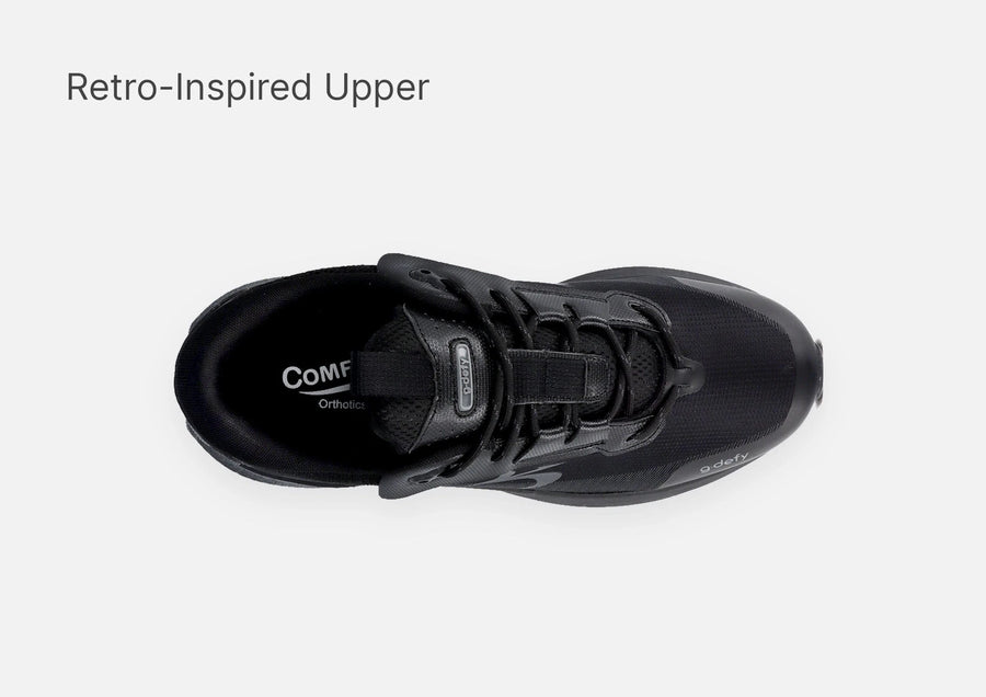 Black athletic shoe with a retro-inspired upper, shown from a top-down view, featuring laces and o.defy branding.