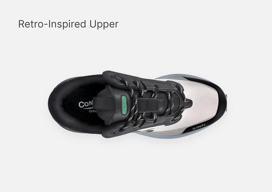 Top-down view of a black and light grey sneaker, highlighting its retro-inspired upper and textured laces.