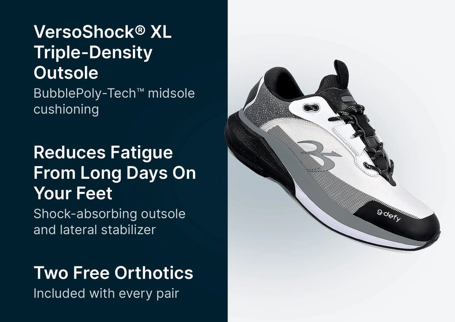 White, grey, and black athletic shoe with a thick VersoShock XL Triple-Density Outsole, shown next to text describing its ben