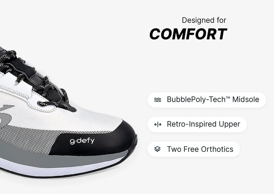 White, black, and grey athletic shoe featuring a retro-inspired upper and BubblePoly-Tech midsole for comfort.