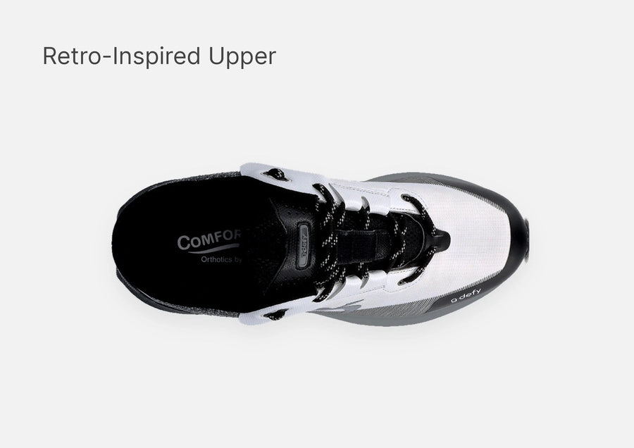 O'defy running shoe with a retro-inspired white and black mesh upper and Comfort Orthotics insole.