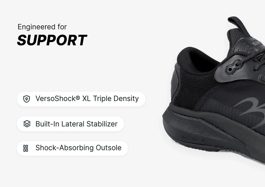 Black athletic shoe with visible VersoShock XL Triple Density sole, built-in lateral stabilizer, and shock-absorbing outsole 