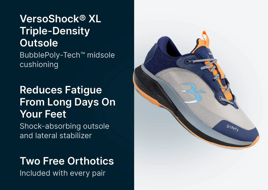 G-defy athletic shoe in grey mesh with navy blue accents, orange laces, and a thick black and orange sole.