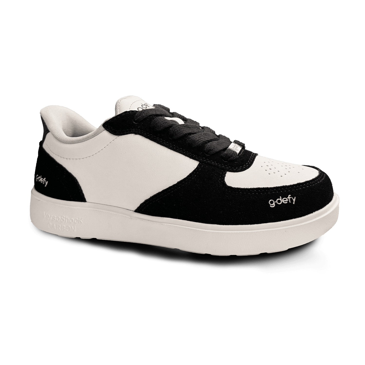 Black and white G-Defy sneaker, featuring a white leather upper, black suede overlays, black laces, and a thick white sole.