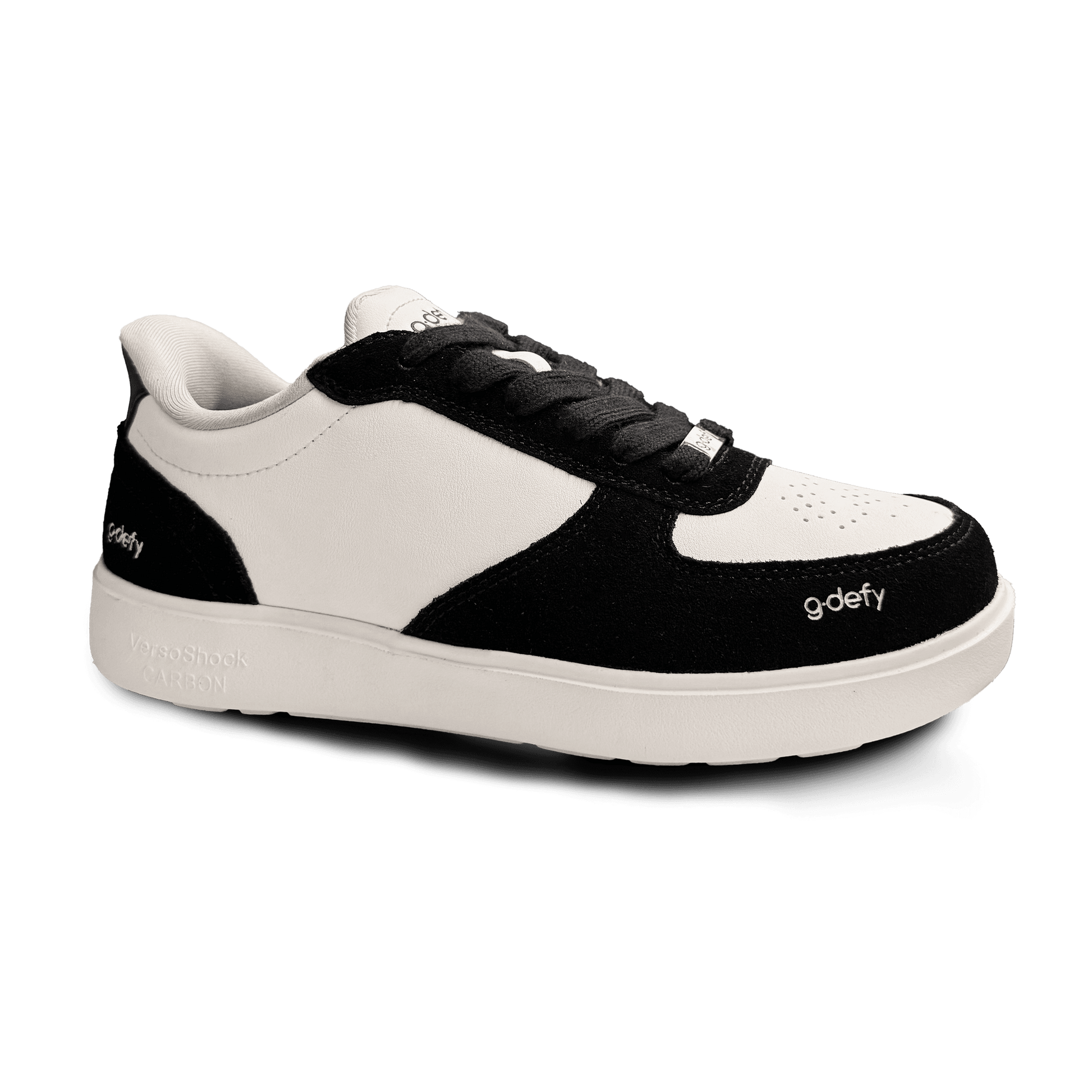 Black and white G-Defy sneaker, featuring a white leather upper, black suede overlays, black laces, and a thick white sole.