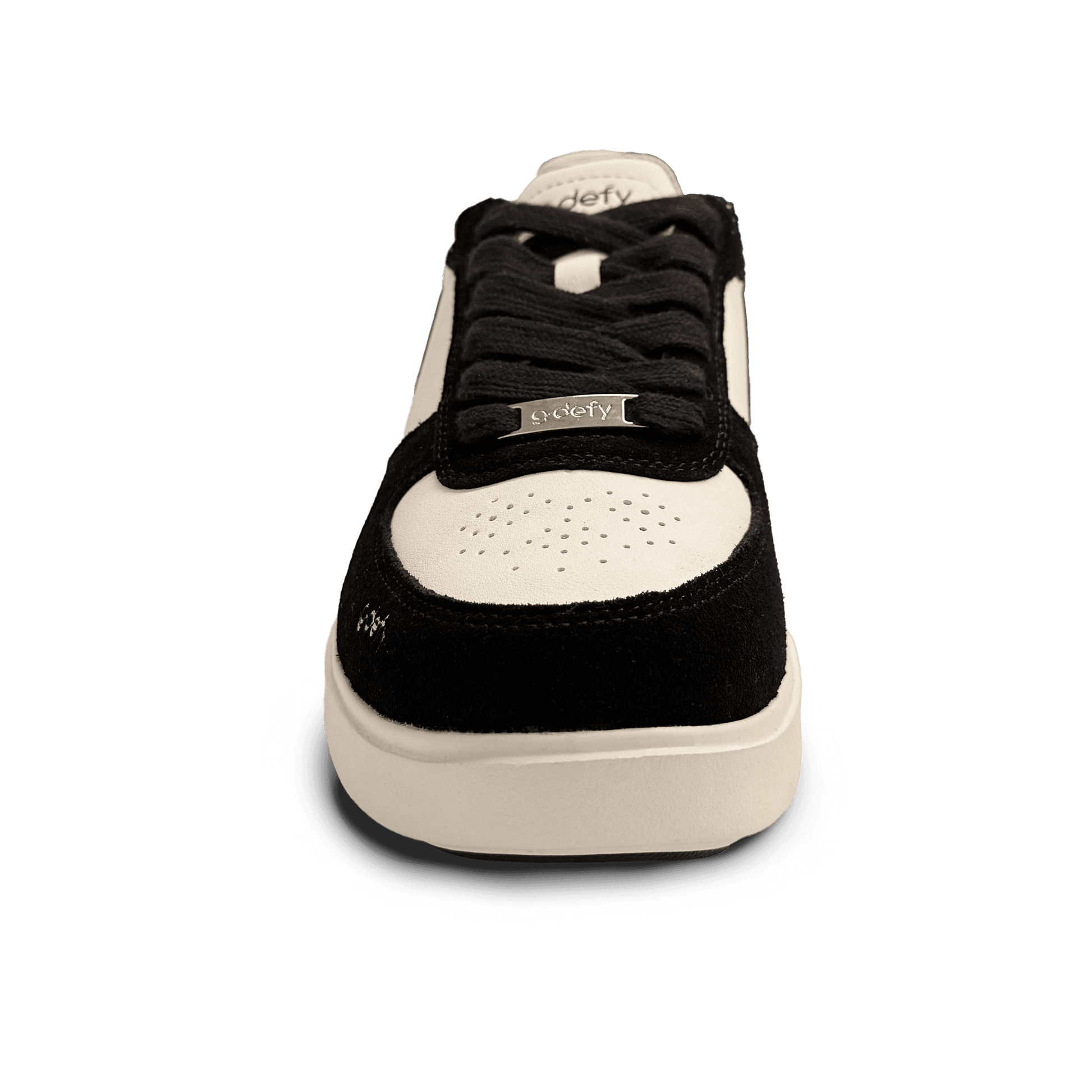 Black and white low-top sneaker with black laces and a silver 'g-defy' tag, featuring a perforated toe box.