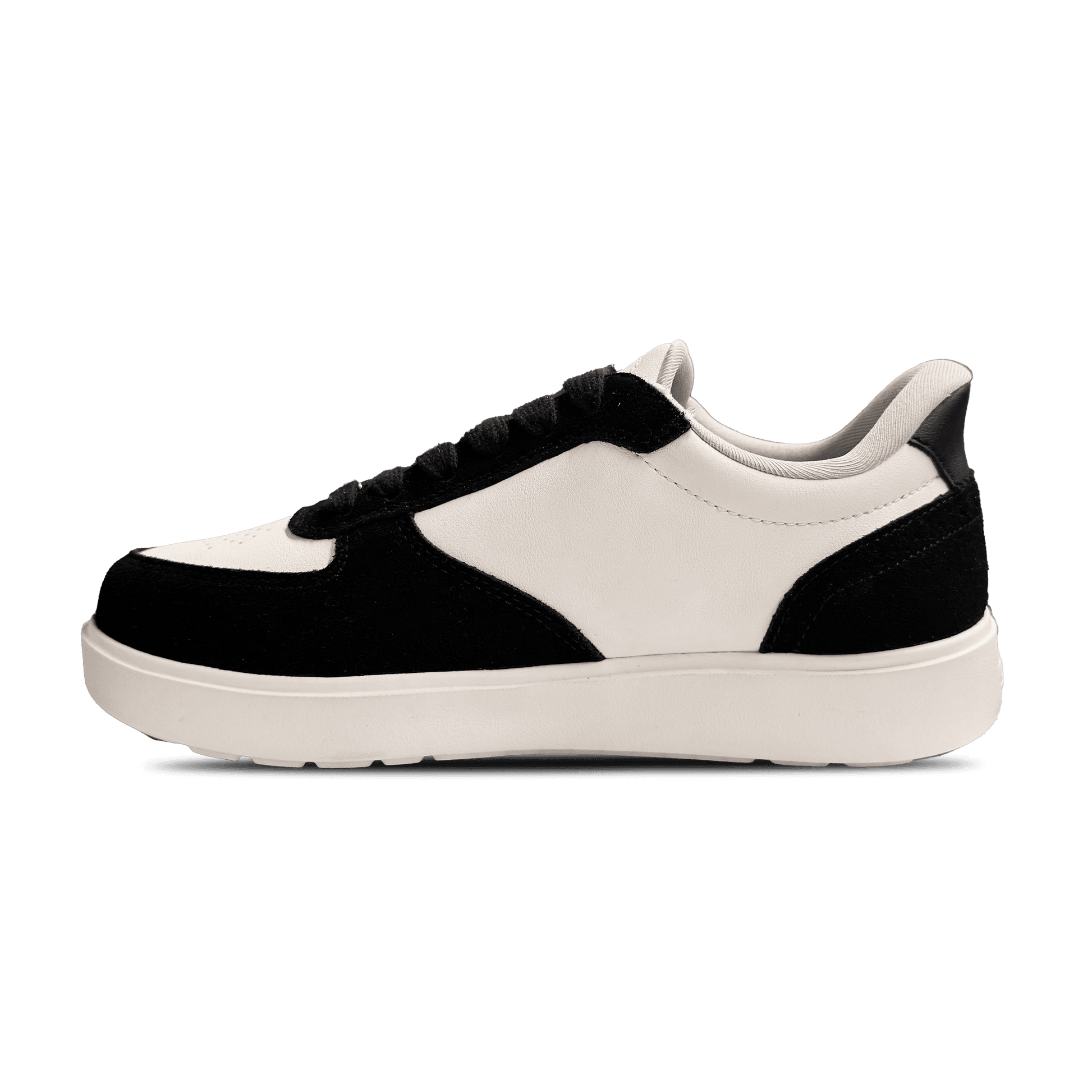 Black and white low-top sneaker with white leather upper and black suede accents, visible from the side.